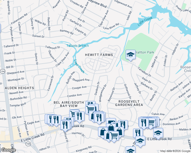 map of restaurants, bars, coffee shops, grocery stores, and more near 8236 Meadow Creek Road in Norfolk