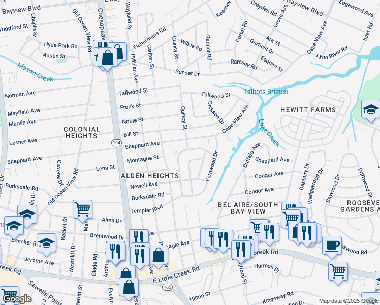 map of restaurants, bars, coffee shops, grocery stores, and more near 1333 Boxwood Circle in Norfolk
