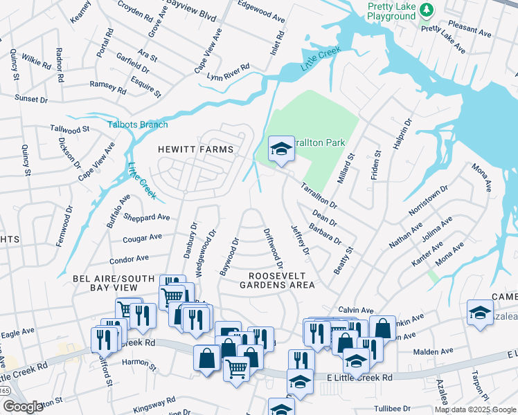 map of restaurants, bars, coffee shops, grocery stores, and more near 8242 Driftwood Drive in Norfolk