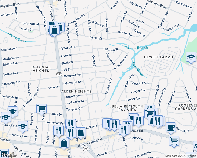 map of restaurants, bars, coffee shops, grocery stores, and more near 1337 Boxwood Circle in Norfolk