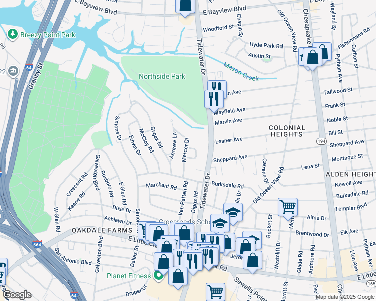 map of restaurants, bars, coffee shops, grocery stores, and more near 626 Palmer Turn in Norfolk