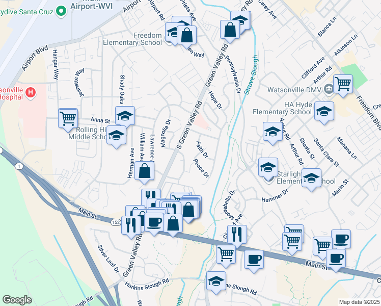 map of restaurants, bars, coffee shops, grocery stores, and more near 62 Faith Drive in Watsonville