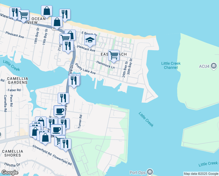 map of restaurants, bars, coffee shops, grocery stores, and more near 4707 Pretty Lake Avenue in Norfolk