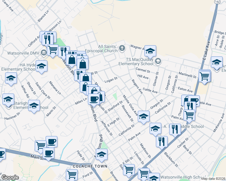 map of restaurants, bars, coffee shops, grocery stores, and more near 242 Prospect Street in Watsonville