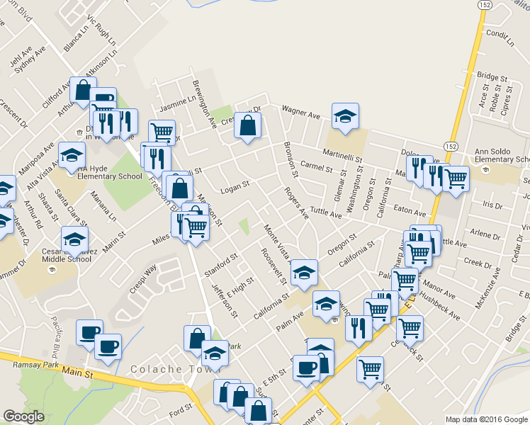 map of restaurants, bars, coffee shops, grocery stores, and more near 310 Montecito Avenue in Watsonville