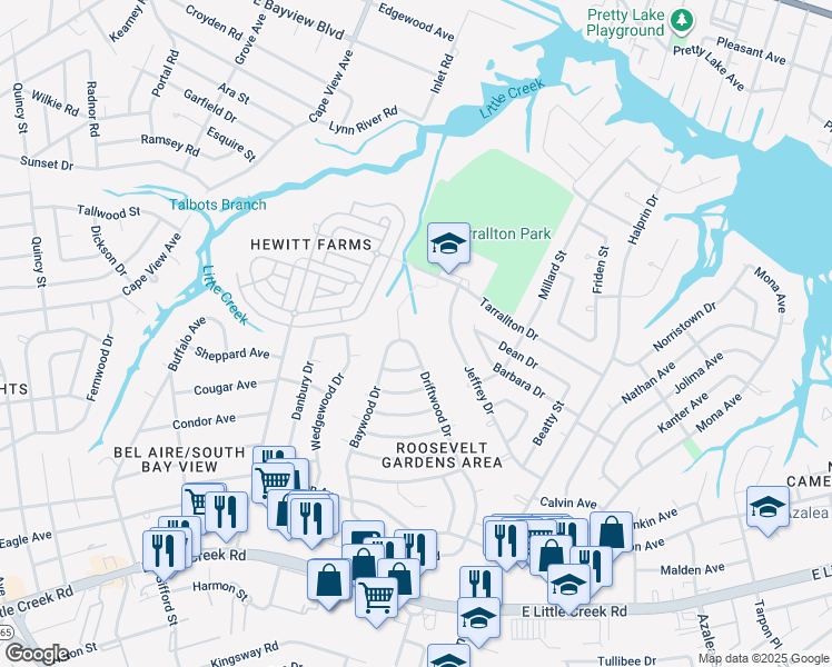 map of restaurants, bars, coffee shops, grocery stores, and more near 8242 Driftwood Drive in Norfolk