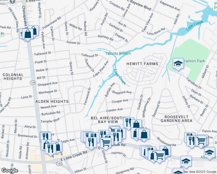 map of restaurants, bars, coffee shops, grocery stores, and more near 8253 Buffalo Avenue in Norfolk