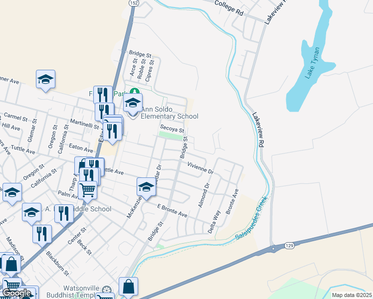map of restaurants, bars, coffee shops, grocery stores, and more near 498 Suncrest Way in Watsonville