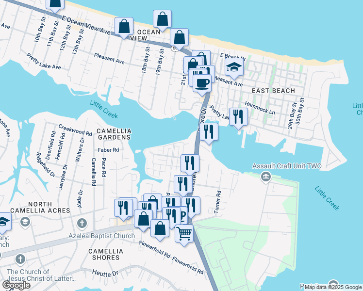 map of restaurants, bars, coffee shops, grocery stores, and more near 8349 Highland Street in Norfolk