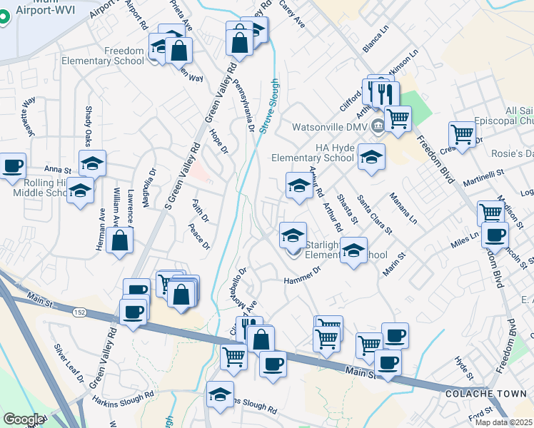map of restaurants, bars, coffee shops, grocery stores, and more near 15 Lassen Way in Watsonville