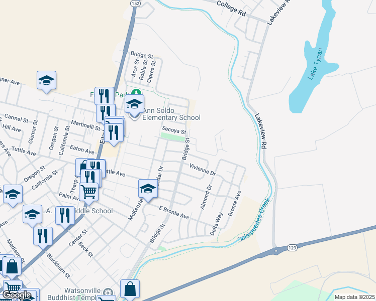 map of restaurants, bars, coffee shops, grocery stores, and more near 498 Suncrest Way in Watsonville