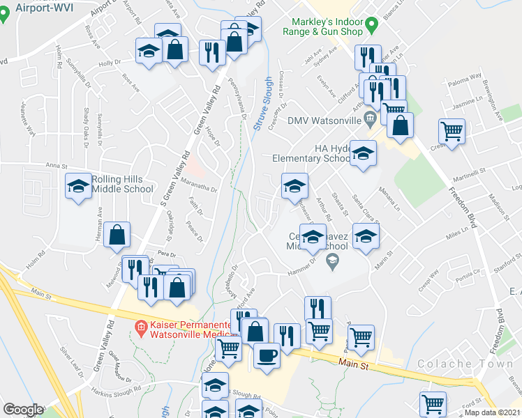 map of restaurants, bars, coffee shops, grocery stores, and more near 31 Lassen Way in Watsonville