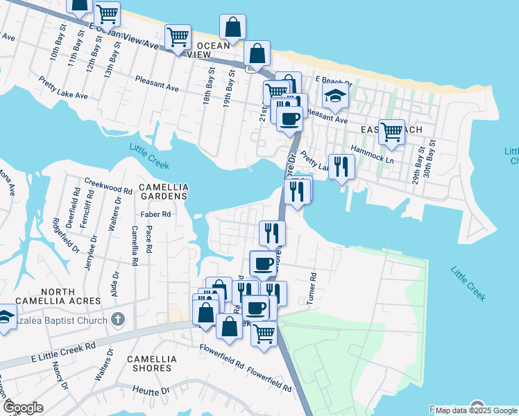 map of restaurants, bars, coffee shops, grocery stores, and more near 8373 Highland Street in Norfolk