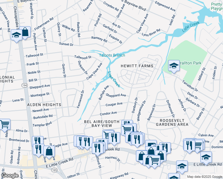 map of restaurants, bars, coffee shops, grocery stores, and more near 8281 Buffalo Avenue in Norfolk