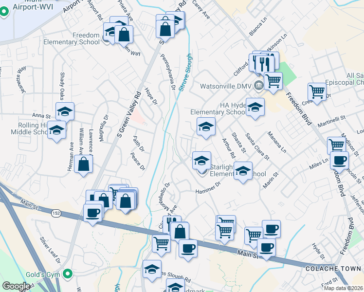 map of restaurants, bars, coffee shops, grocery stores, and more near 15 Lassen Way in Watsonville