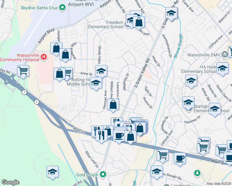 map of restaurants, bars, coffee shops, grocery stores, and more near 149 William Avenue in Watsonville
