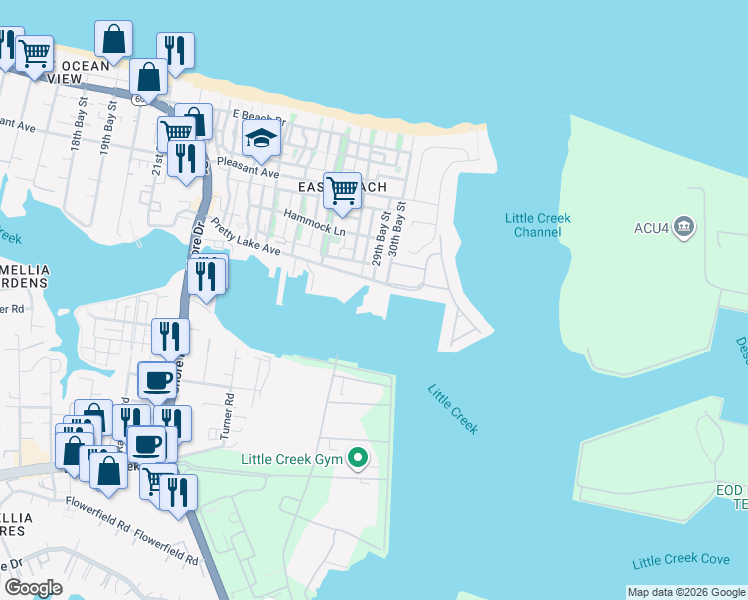 map of restaurants, bars, coffee shops, grocery stores, and more near 4921 Pretty Lake Avenue in Norfolk