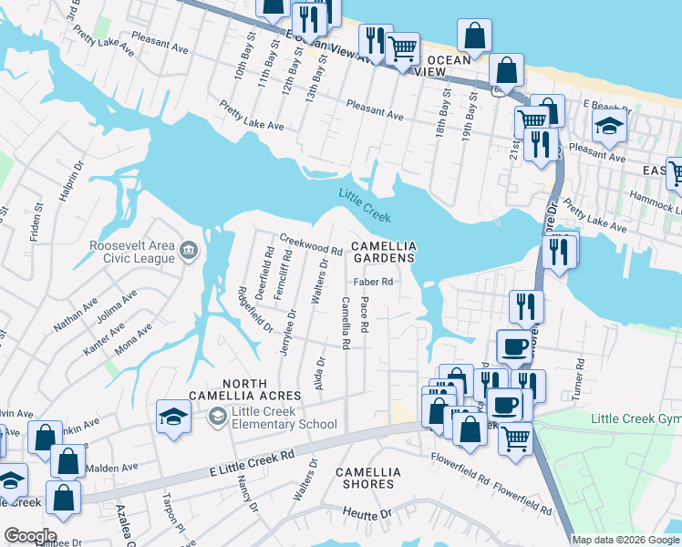 map of restaurants, bars, coffee shops, grocery stores, and more near 8151 Camellia Road in Norfolk