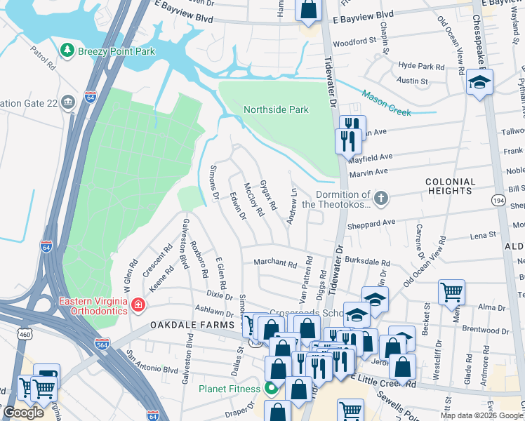 map of restaurants, bars, coffee shops, grocery stores, and more near 8223 Gygax Road in Norfolk