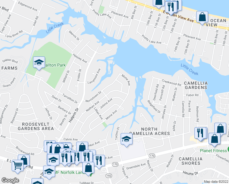 map of restaurants, bars, coffee shops, grocery stores, and more near 8416 Nathan Avenue in Norfolk