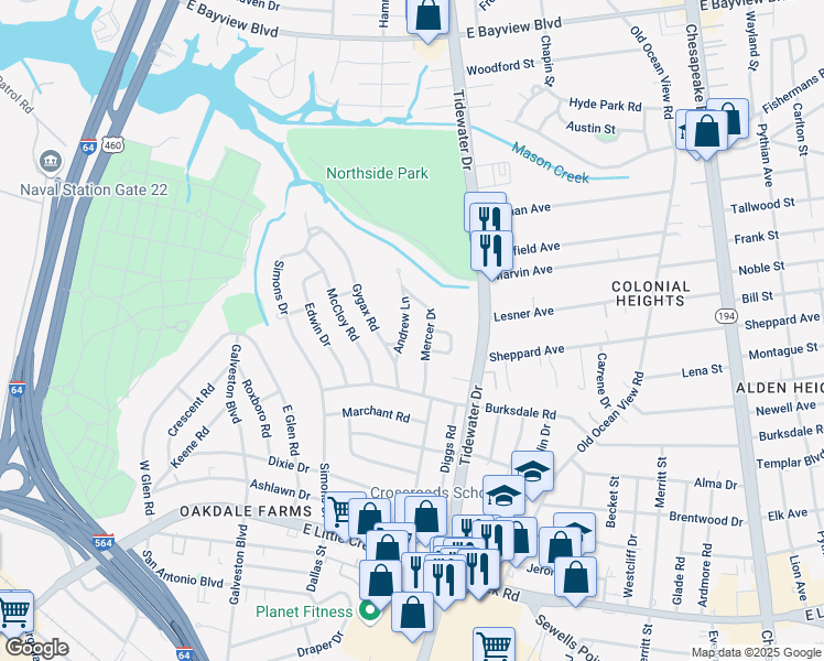 map of restaurants, bars, coffee shops, grocery stores, and more near 8222 Andrew Lane in Norfolk