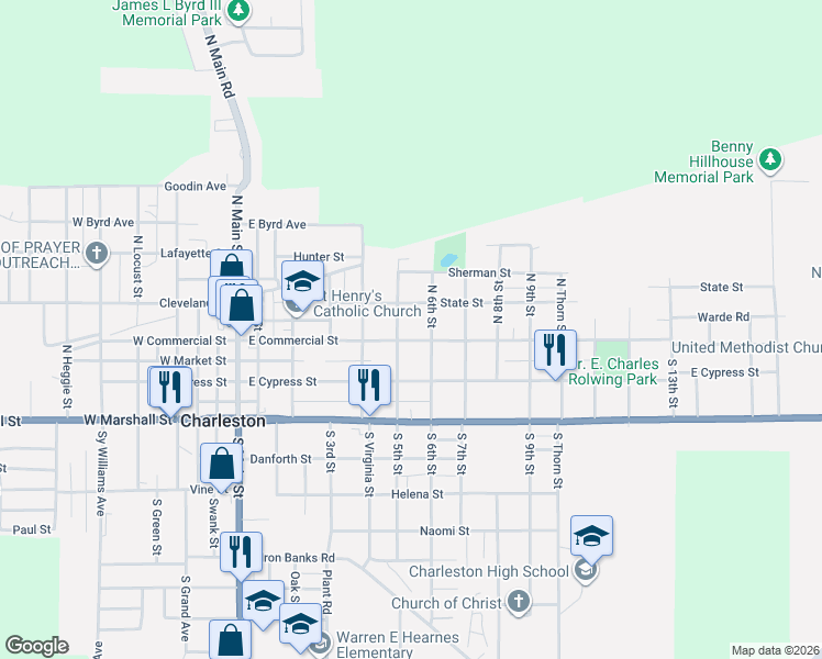map of restaurants, bars, coffee shops, grocery stores, and more near 101-199 North 6th Street in Charleston