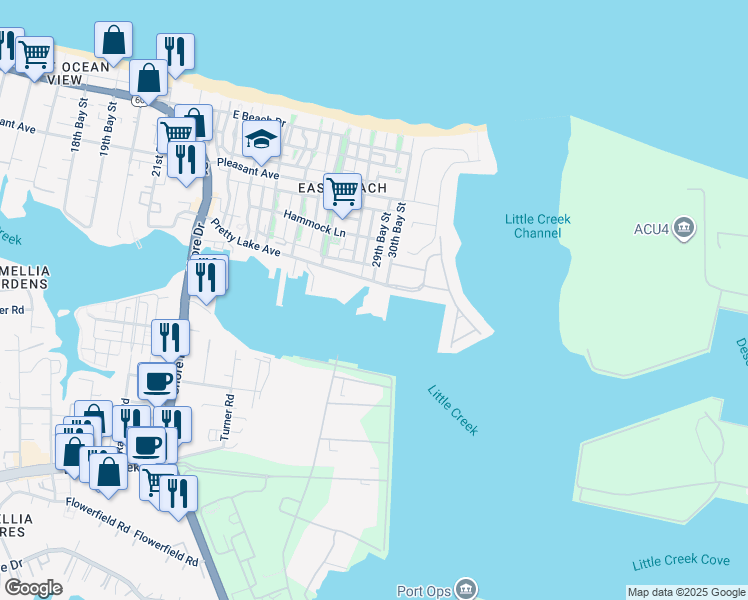 map of restaurants, bars, coffee shops, grocery stores, and more near 4921 Pretty Lake Avenue in Norfolk