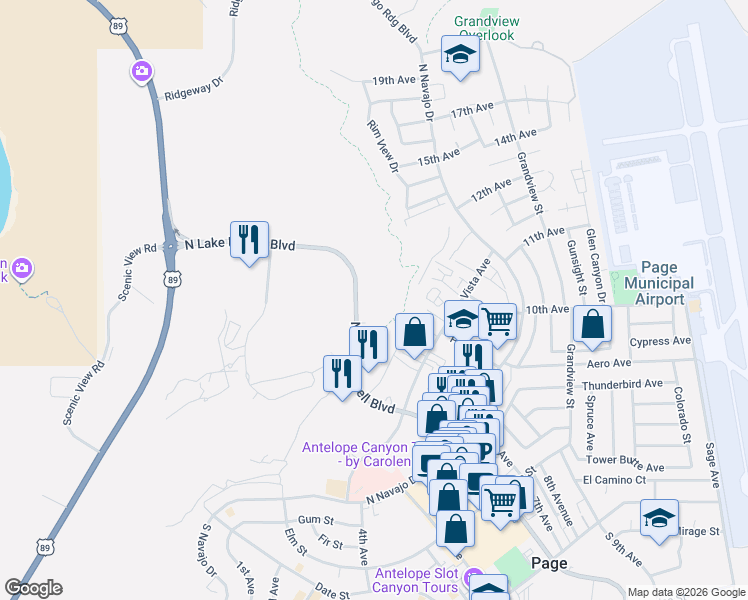 map of restaurants, bars, coffee shops, grocery stores, and more near 201-207 N Lake Powell Blvd in WILLIAMS