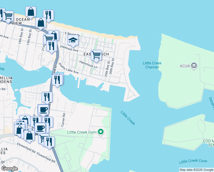 map of restaurants, bars, coffee shops, grocery stores, and more near 4921 Pretty Lake Avenue in Norfolk