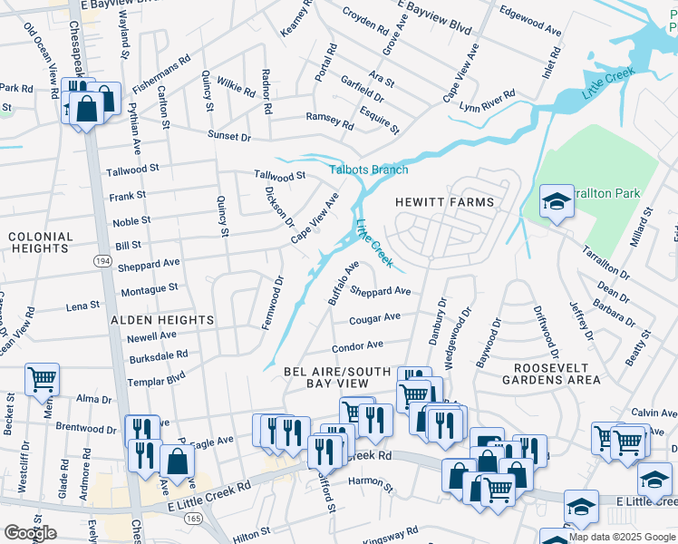 map of restaurants, bars, coffee shops, grocery stores, and more near 8253 Buffalo Avenue in Norfolk