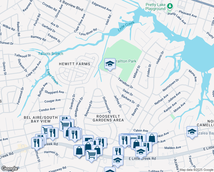 map of restaurants, bars, coffee shops, grocery stores, and more near 2125 Jeffrey Drive in Norfolk