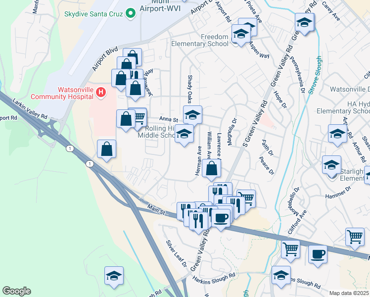 map of restaurants, bars, coffee shops, grocery stores, and more near 130 Herman Avenue in Watsonville