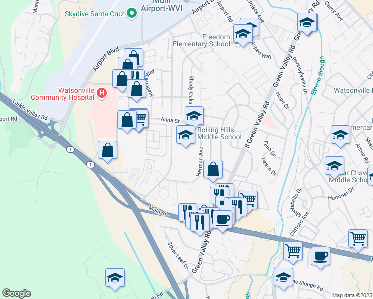 map of restaurants, bars, coffee shops, grocery stores, and more near 130 Herman Avenue in Watsonville