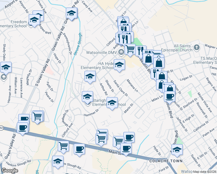 map of restaurants, bars, coffee shops, grocery stores, and more near 223 Shasta Street in Watsonville