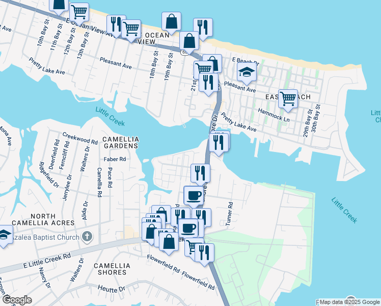 map of restaurants, bars, coffee shops, grocery stores, and more near 4181 Pretty Walk Lane in Norfolk