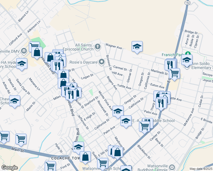 map of restaurants, bars, coffee shops, grocery stores, and more near 211 Rogers Avenue in Watsonville