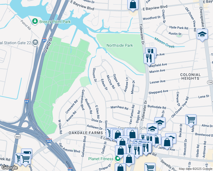 map of restaurants, bars, coffee shops, grocery stores, and more near 8222 Edwin Drive in Norfolk