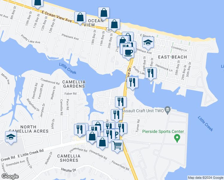 map of restaurants, bars, coffee shops, grocery stores, and more near 8310 North View Boulevard in Norfolk