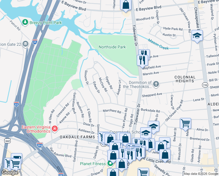 map of restaurants, bars, coffee shops, grocery stores, and more near 8223 Gygax Road in Norfolk