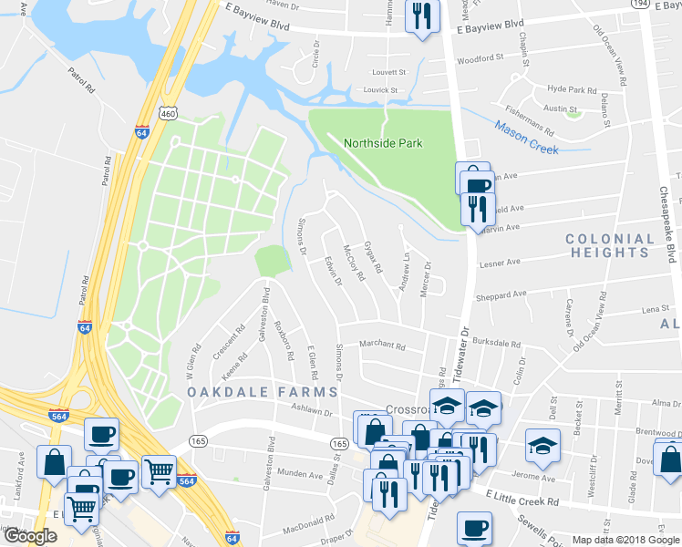map of restaurants, bars, coffee shops, grocery stores, and more near 8222 Edwin Drive in Norfolk