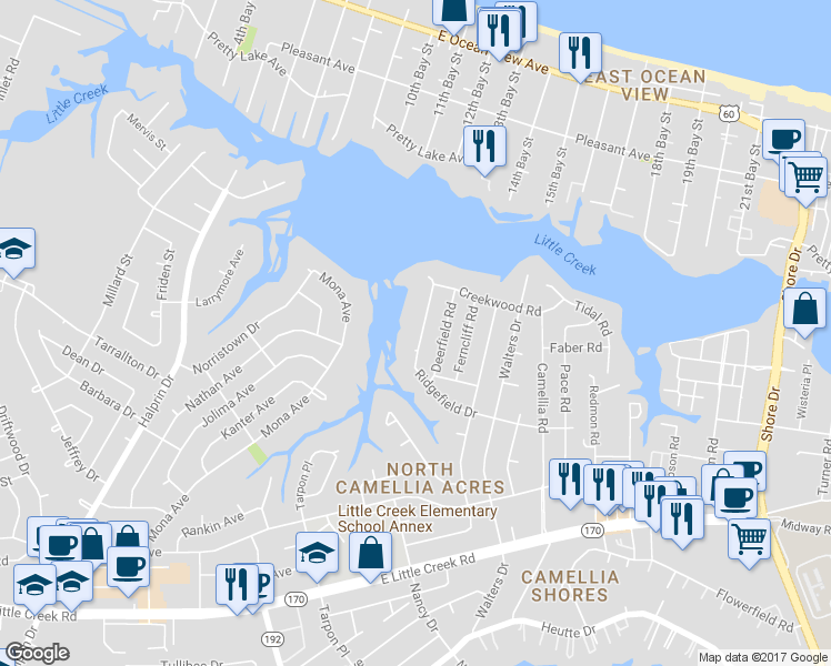 map of restaurants, bars, coffee shops, grocery stores, and more near 8117 Ridgefield Drive in Norfolk