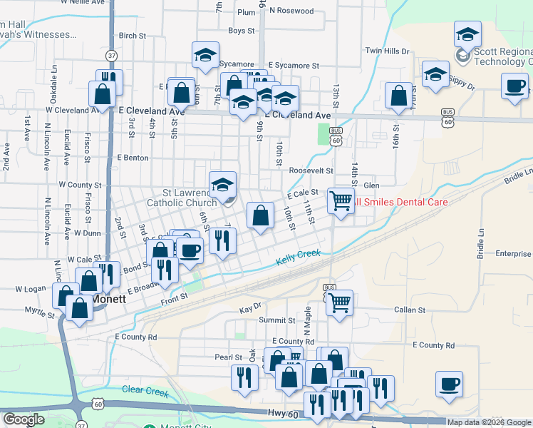 map of restaurants, bars, coffee shops, grocery stores, and more near 353 9th Street in Monett