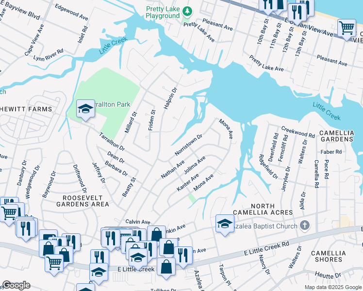 map of restaurants, bars, coffee shops, grocery stores, and more near 8347 Norristown Drive in Norfolk