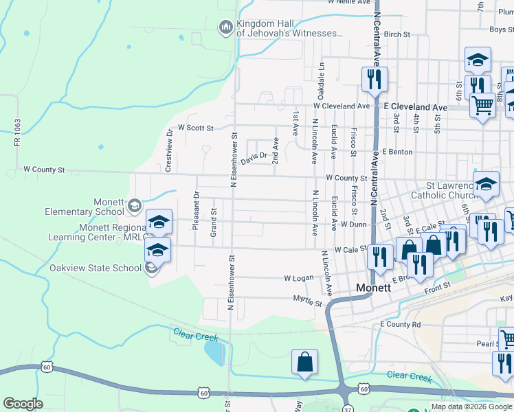 map of restaurants, bars, coffee shops, grocery stores, and more near 423 W Wishart St in Monett