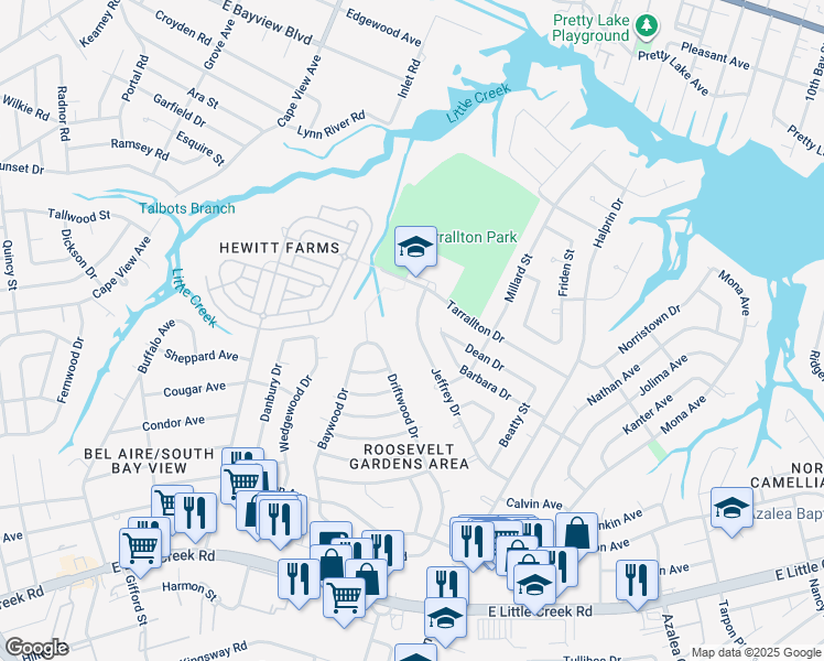 map of restaurants, bars, coffee shops, grocery stores, and more near 2125 Jeffrey Drive in Norfolk