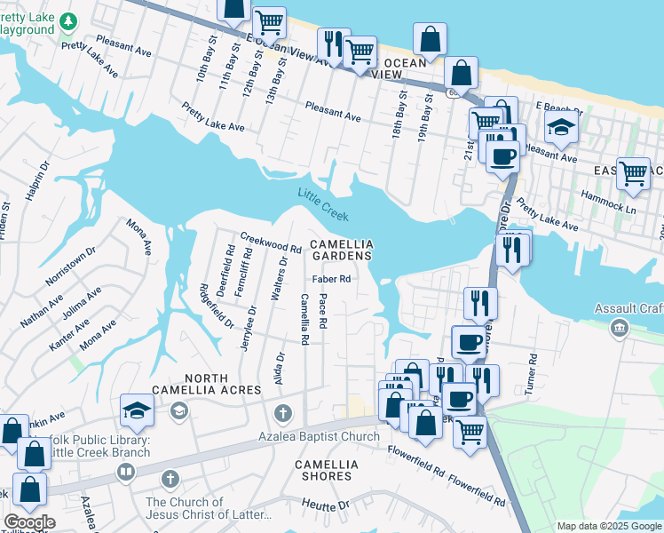map of restaurants, bars, coffee shops, grocery stores, and more near 8158 Pace Road in Norfolk