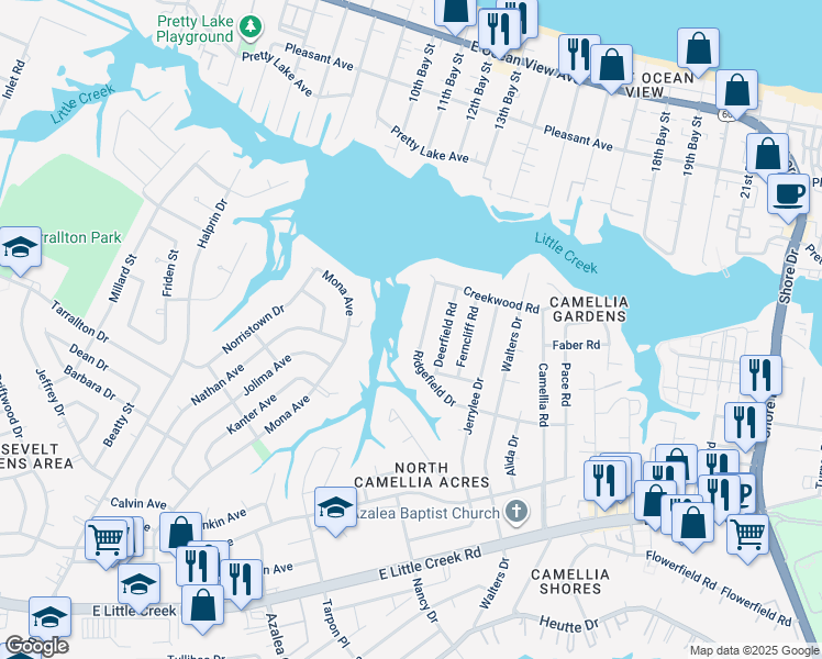 map of restaurants, bars, coffee shops, grocery stores, and more near 8117 Ridgefield Drive in Norfolk