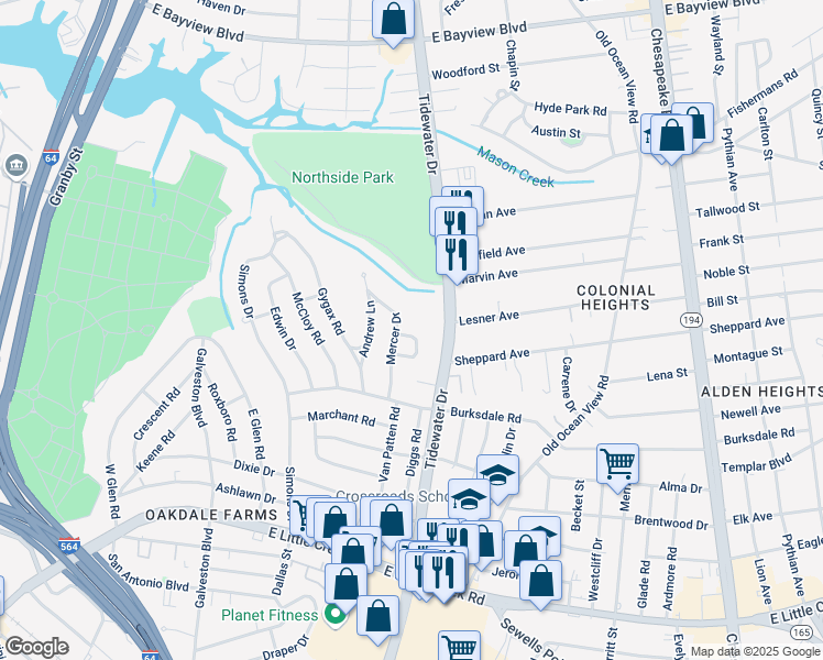 map of restaurants, bars, coffee shops, grocery stores, and more near 623 Palmer Turn in Norfolk