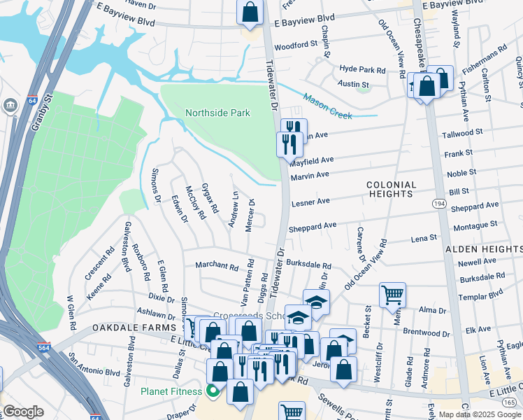 map of restaurants, bars, coffee shops, grocery stores, and more near 623 Palmer Turn in Norfolk