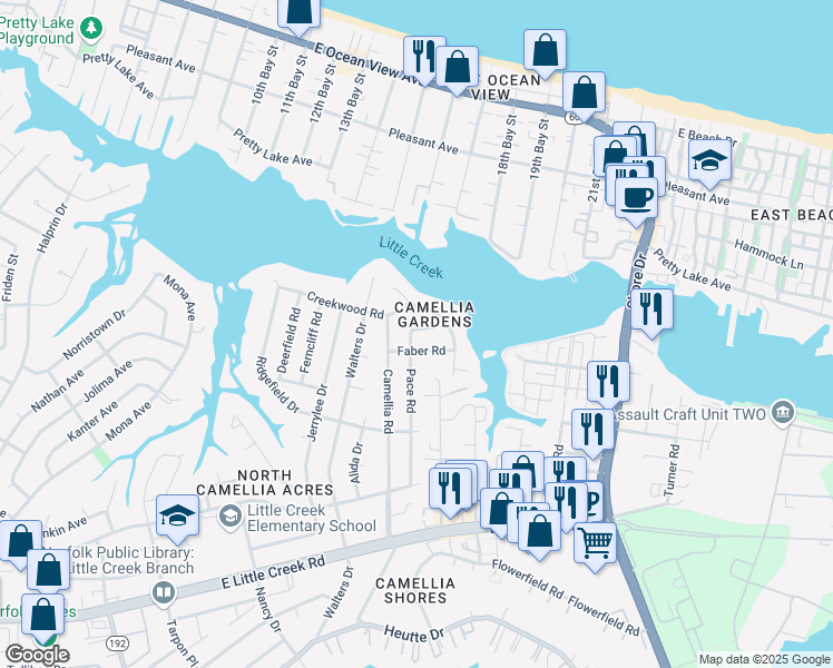 map of restaurants, bars, coffee shops, grocery stores, and more near 8152 Pace Road in Norfolk